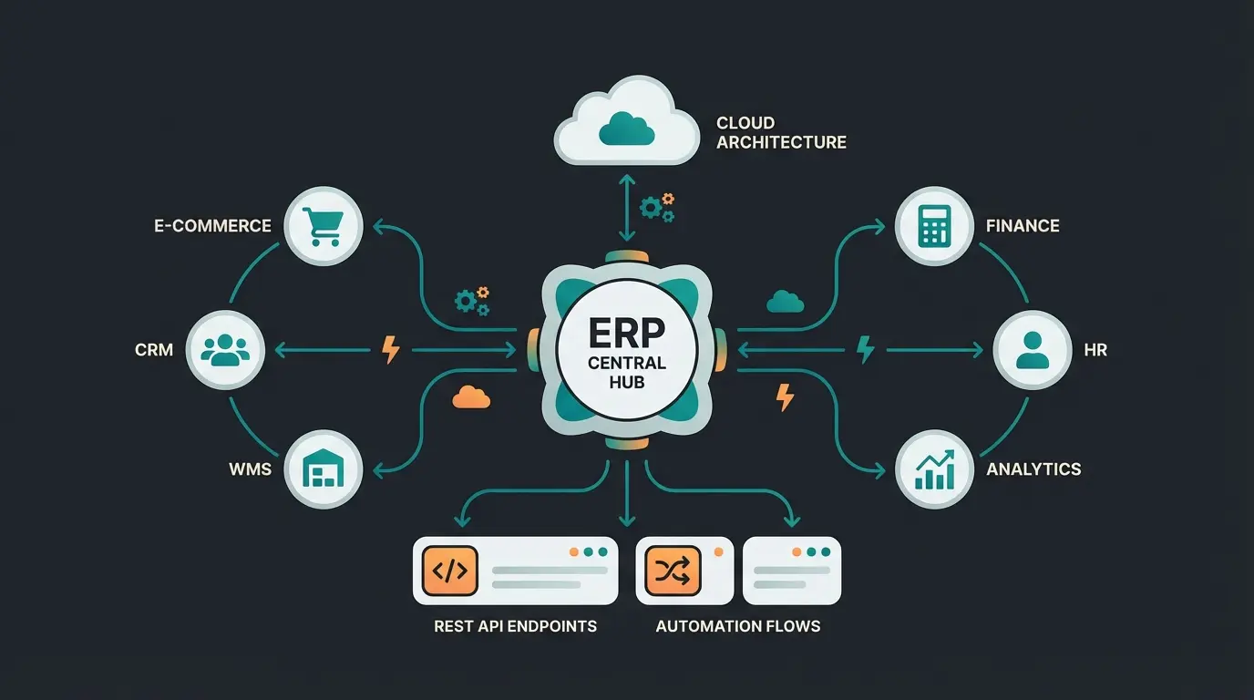 Cloud ERP architecture diagram showing API connections and automation flows