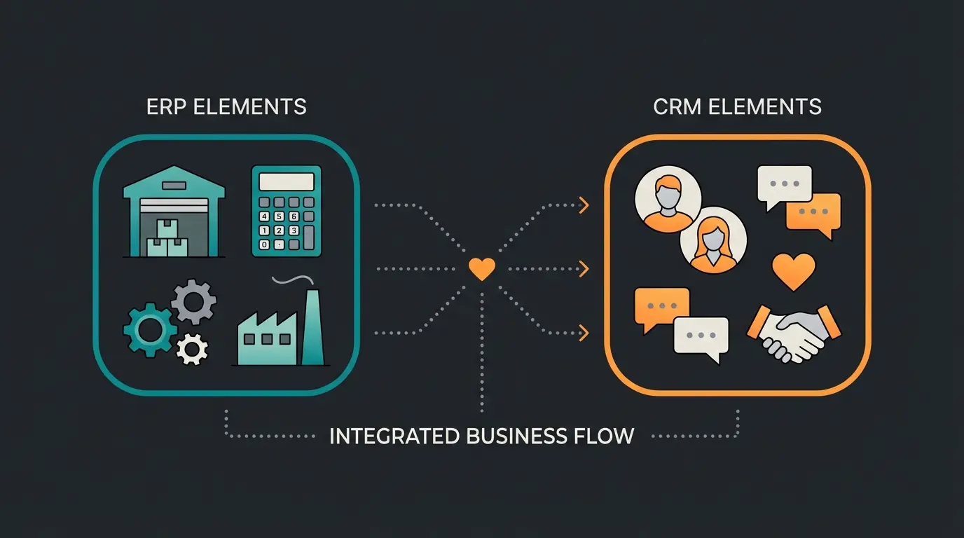 Comparison diagram showing ERP back-office functions versus CRM front-office functions