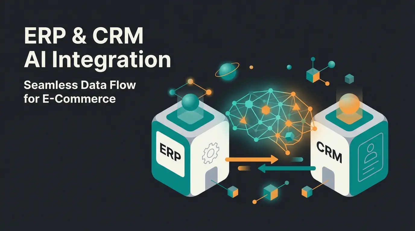 Flat illustration showing ERP and CRM systems connected by AI bridge on dark background