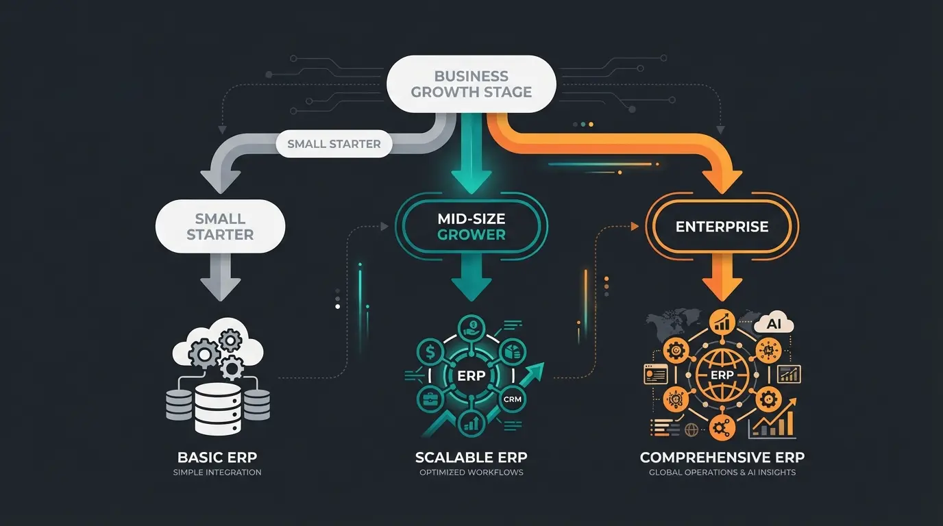 ERP-Entscheidungsmatrix zeigt drei Käufertypen mit passenden Systemen