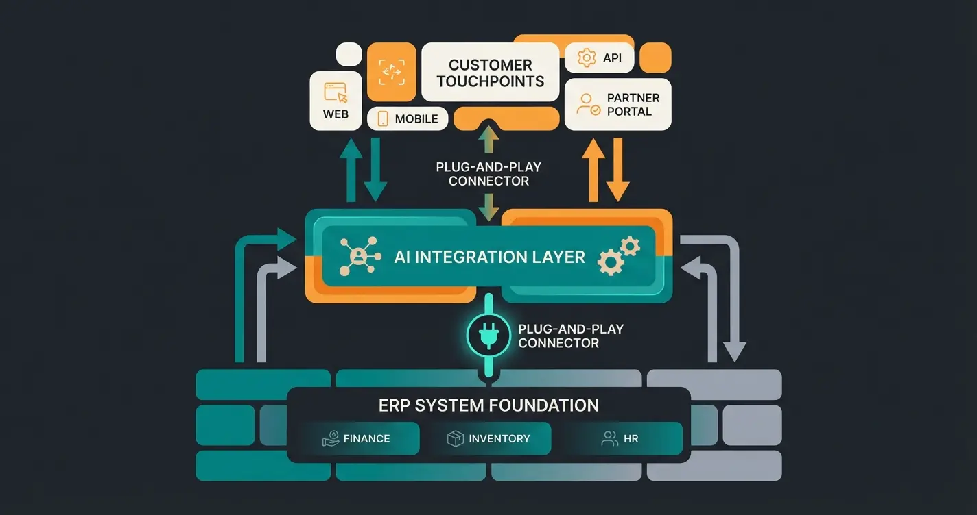 Visual showing hybrid ERP strategy with AI integration for sales while maintaining existing backend systems