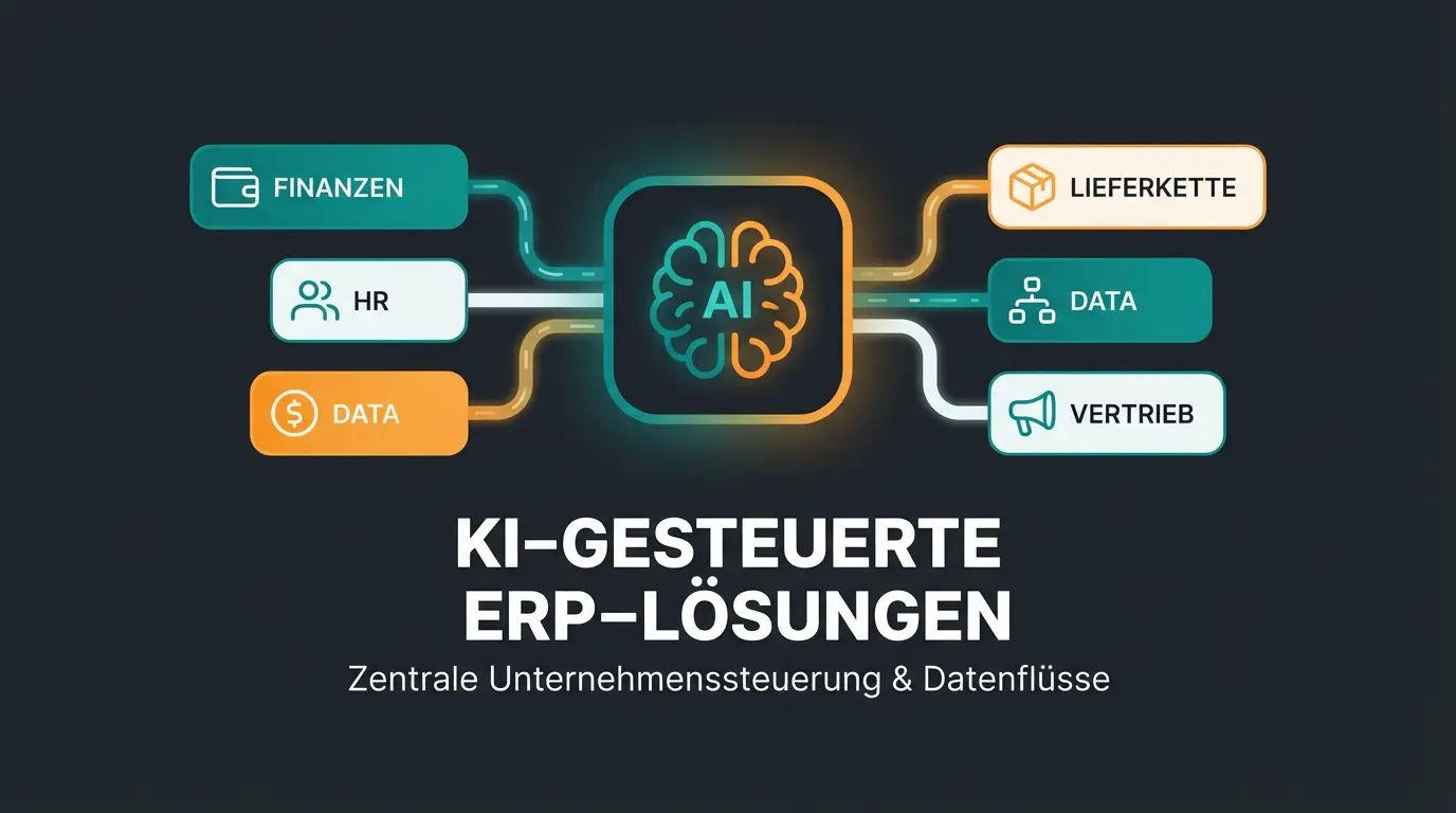 Abstraktes ERP-System mit KI-Integration und verbundenen Geschäftsprozessen