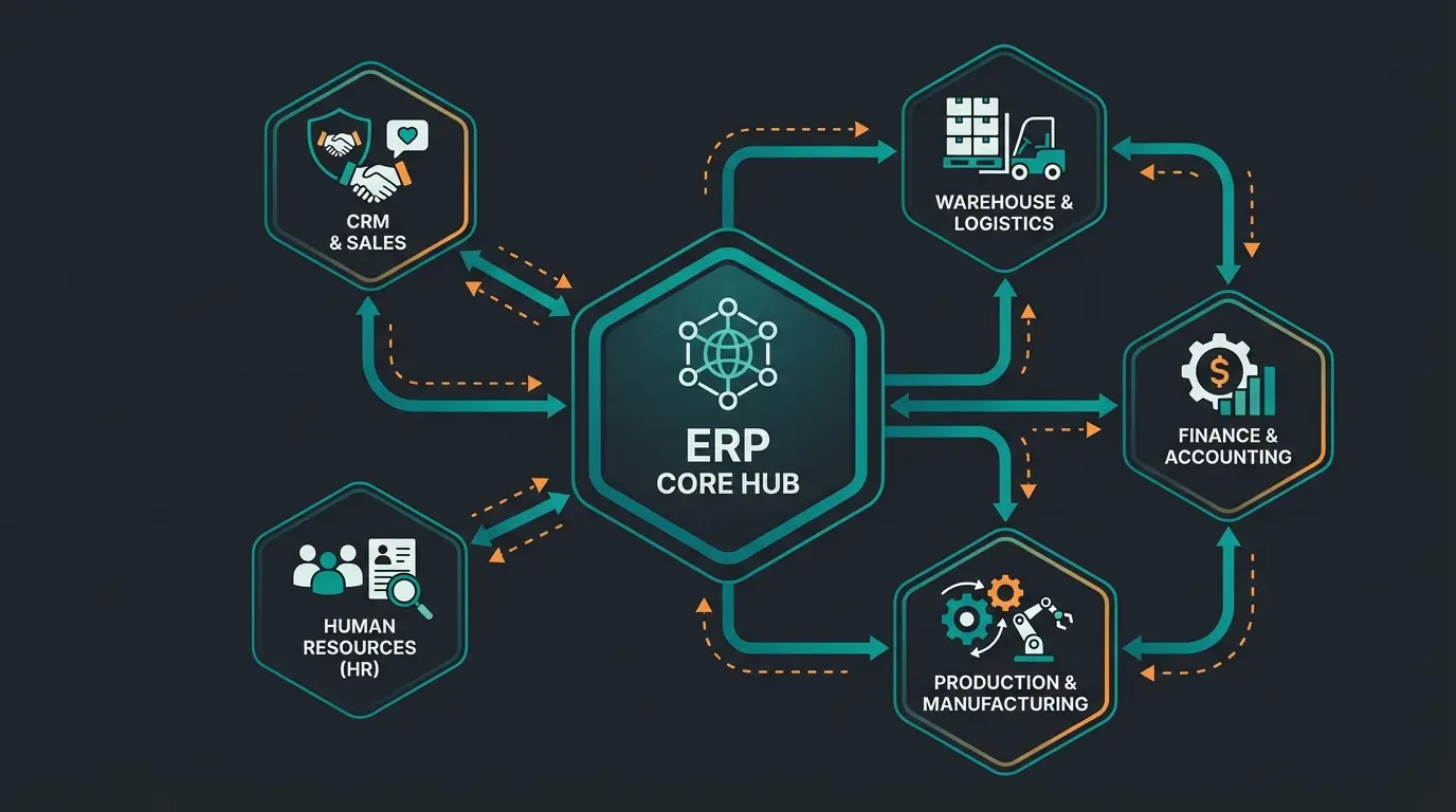 ERP system core modules showing interconnected business functions