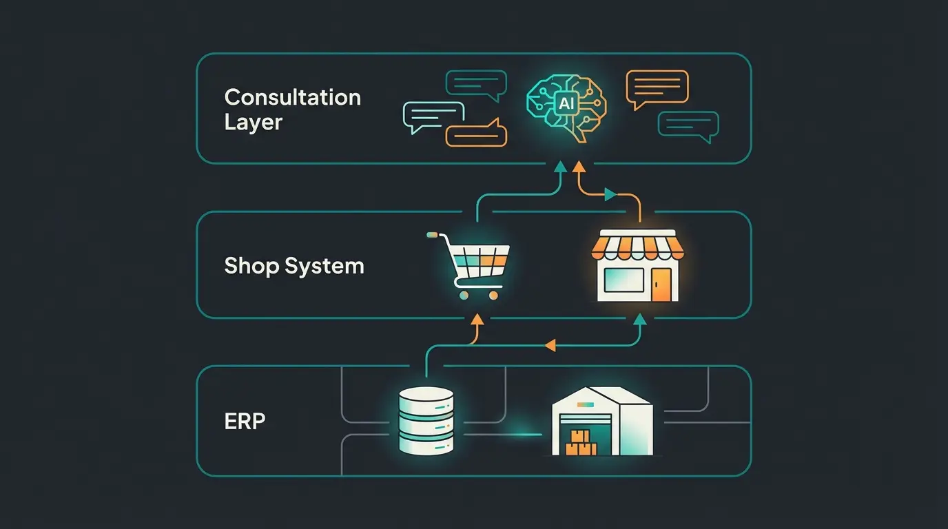 E-Commerce Tech Stack mit drei Schichten ERP Shop und KI-Beratung