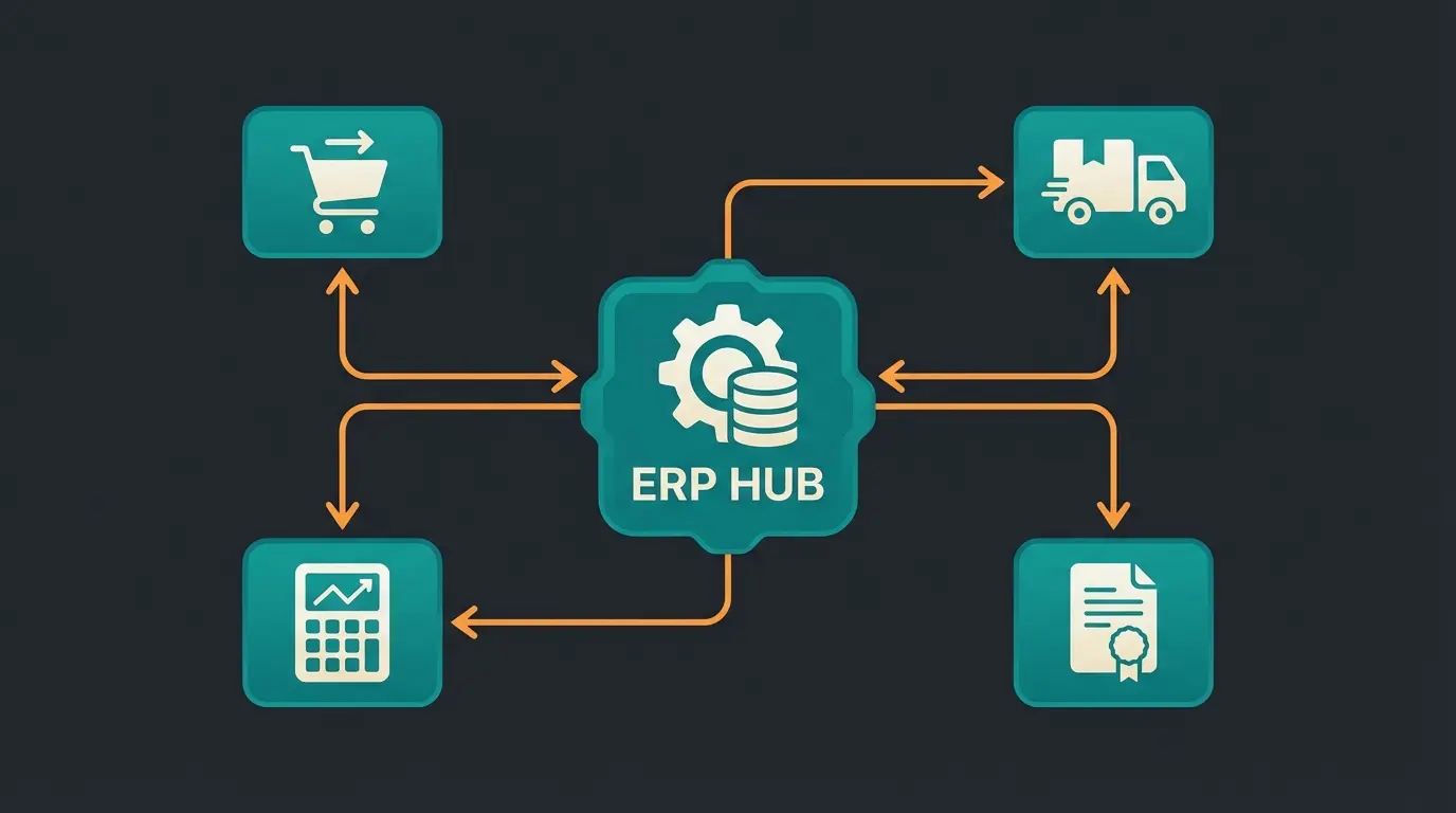 Data flow diagram showing ERP as central hub connecting Magento shop with shipping and accounting systems