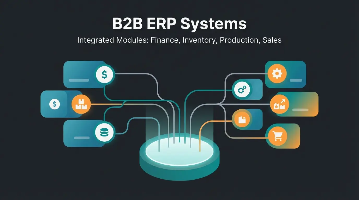 Modern ERP software dashboard with interconnected business modules and data flows