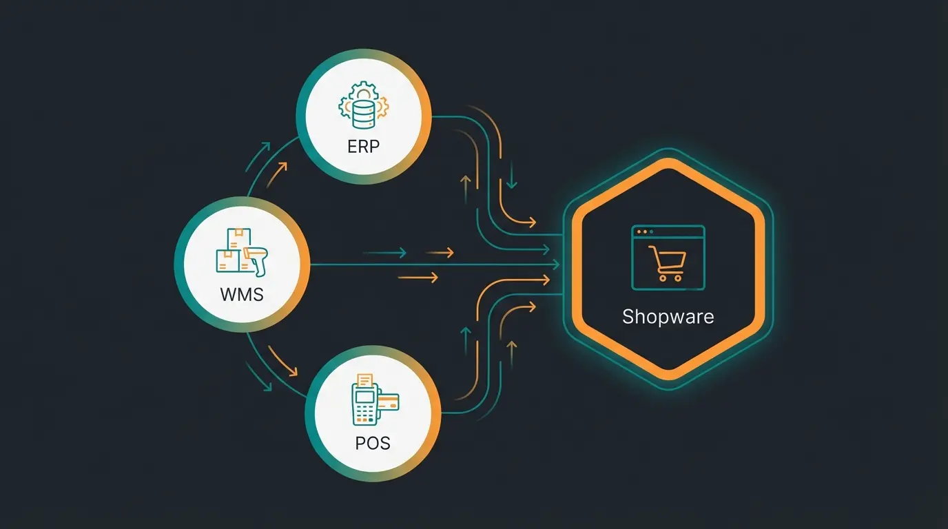 Pickware system architecture showing ERP, WMS, and POS components integrated with Shopware