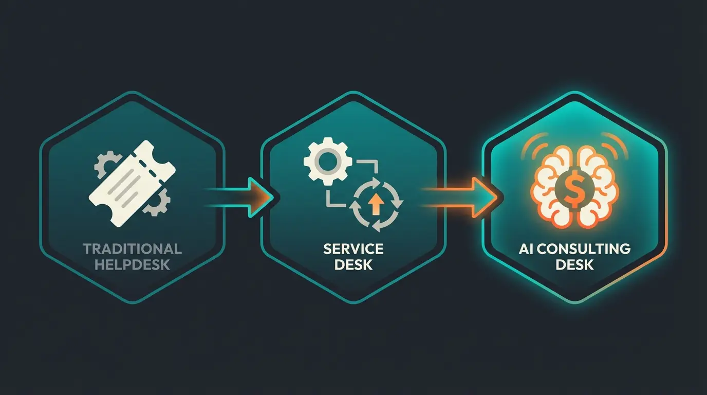 Comparison diagram showing the evolution from traditional helpdesk to service desk to AI consulting desk