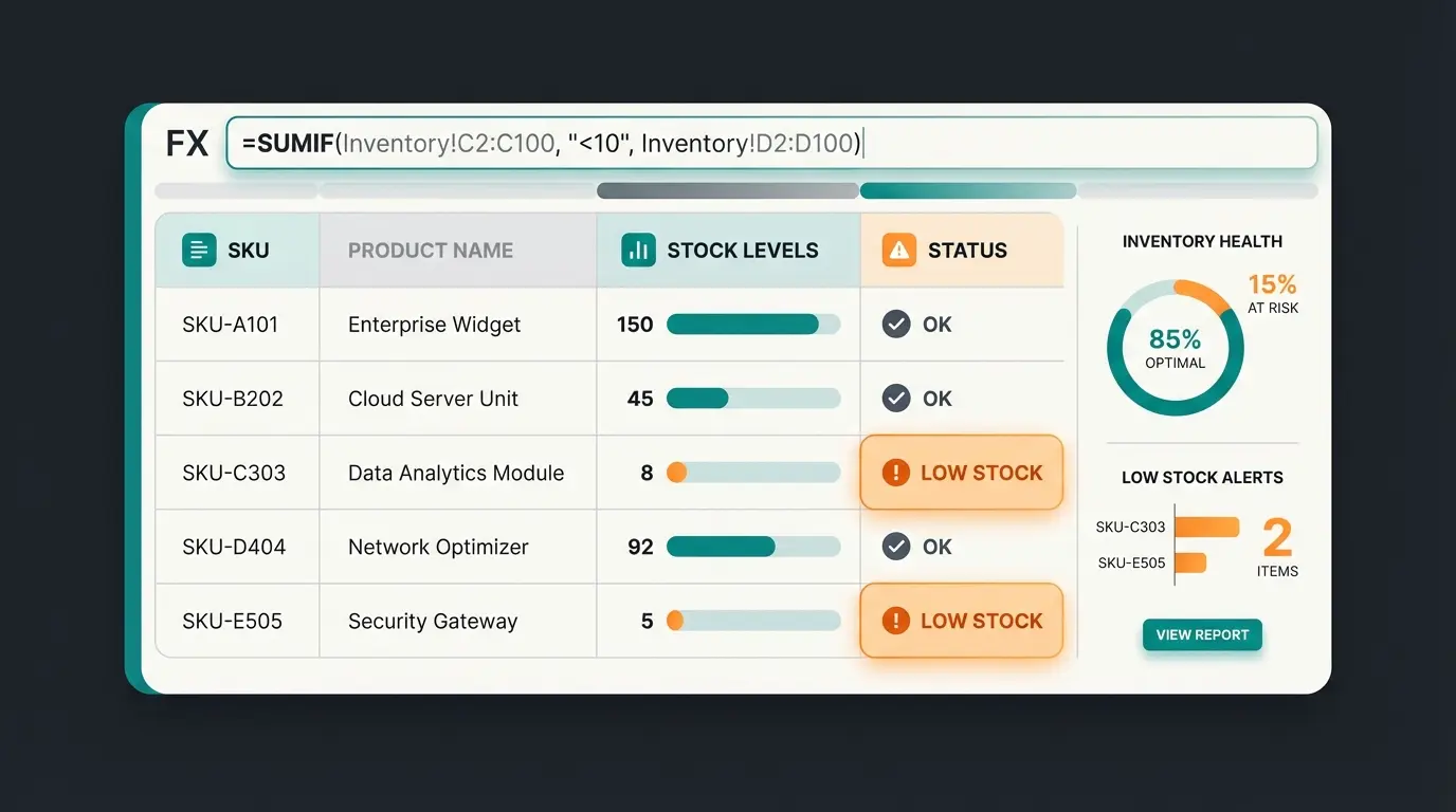 Excel Dashboard mit Lagerbestand-Formeln und SUMMEWENNS-Berechnung
