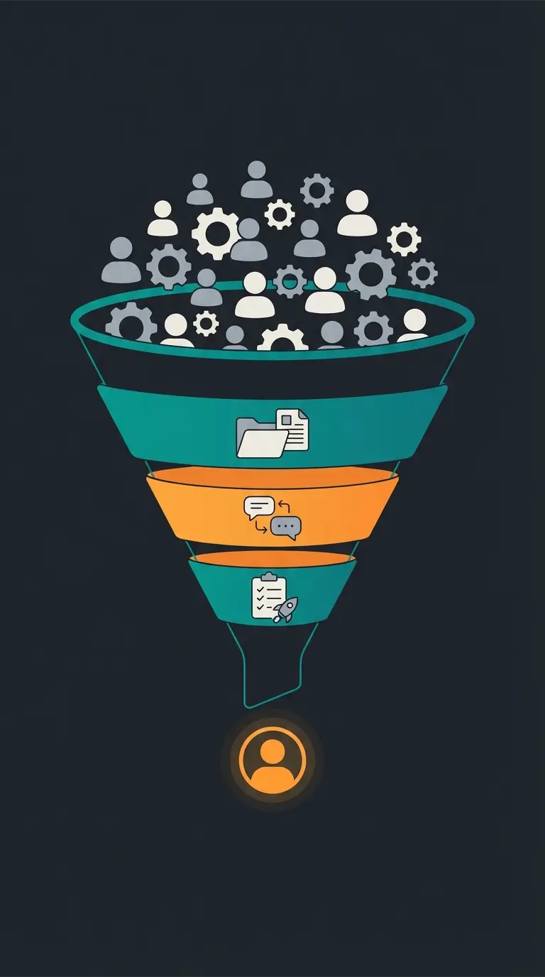 Funnel illustration showing the Shopify expert vetting process from initial candidates to final selection
