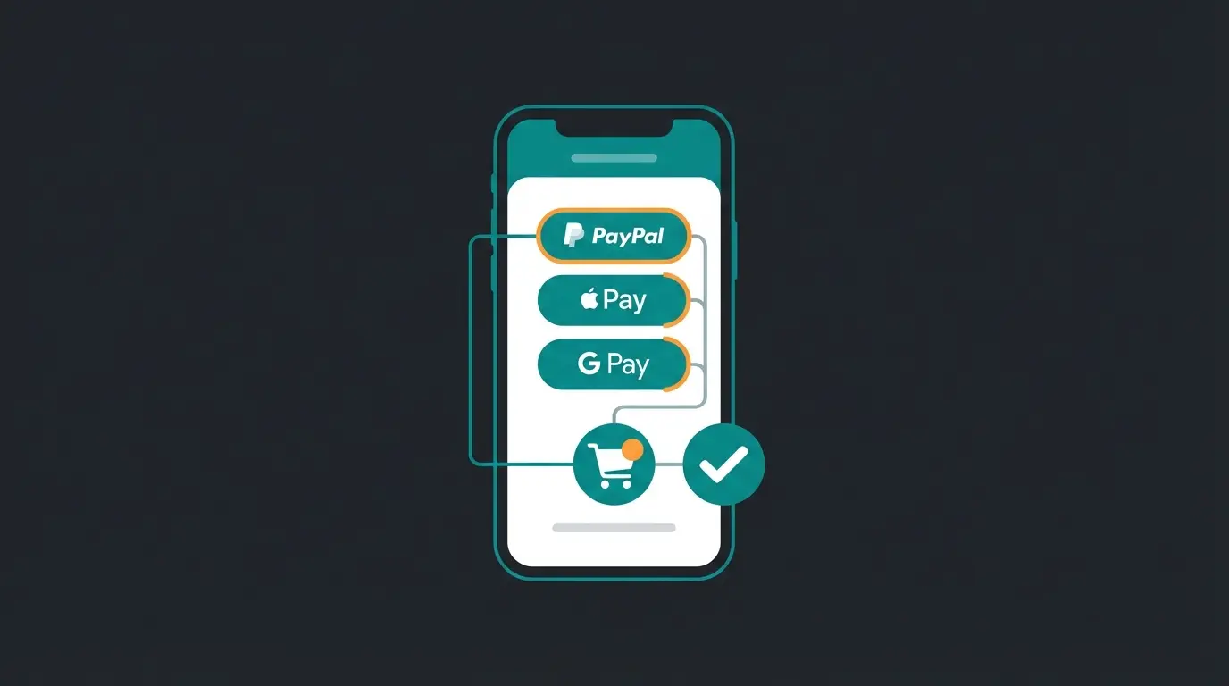 Mobile checkout interface showing PayPal Express, Apple Pay, and Google Pay buttons on Shopware 6