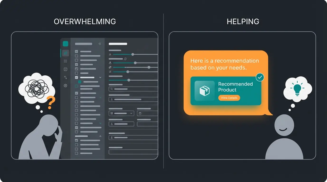 Vergleich zwischen überfordernder Filterleiste und hilfreicher KI-Produktberatung