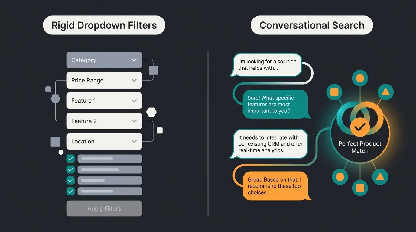 Comparison showing traditional product filtering versus AI-powered consultation approach