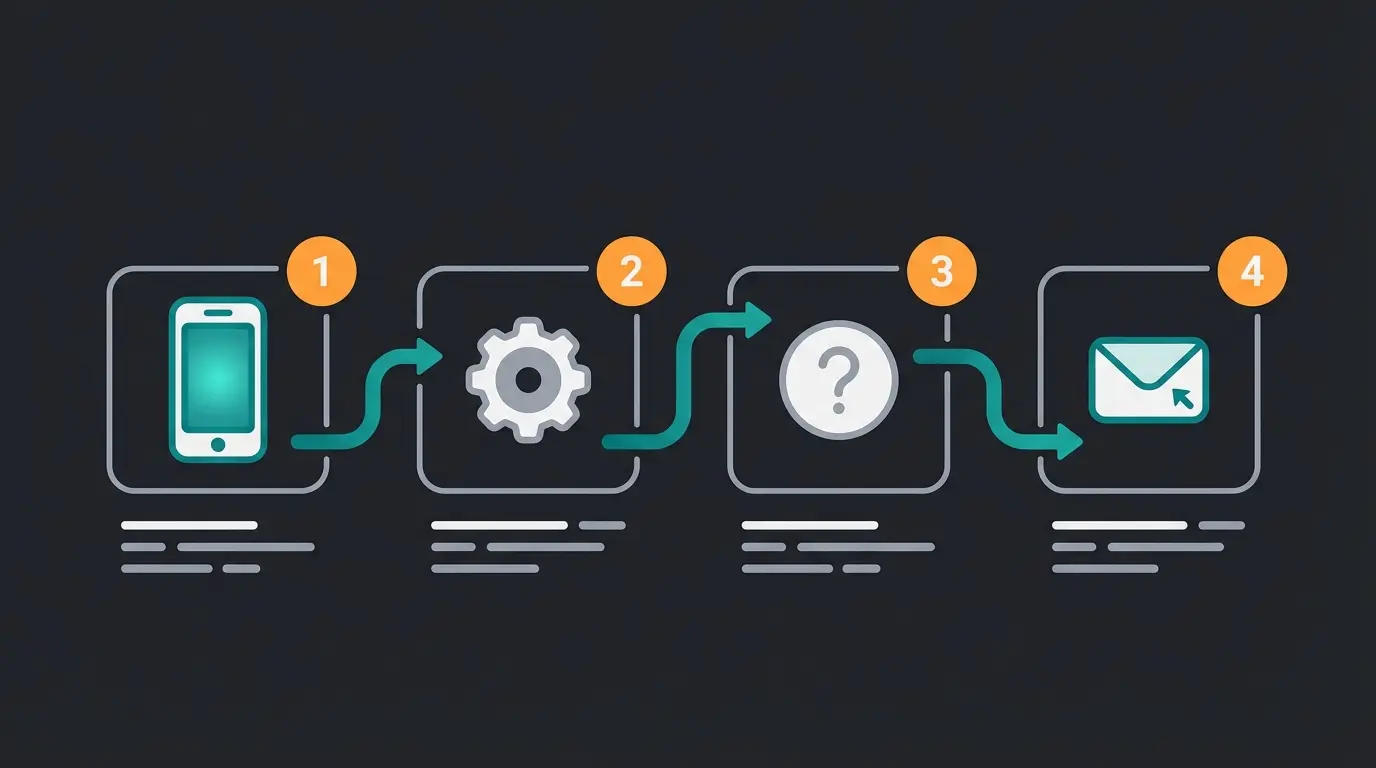 Step-by-step WhatsApp support contact flow showing in-app settings navigation and email alternatives