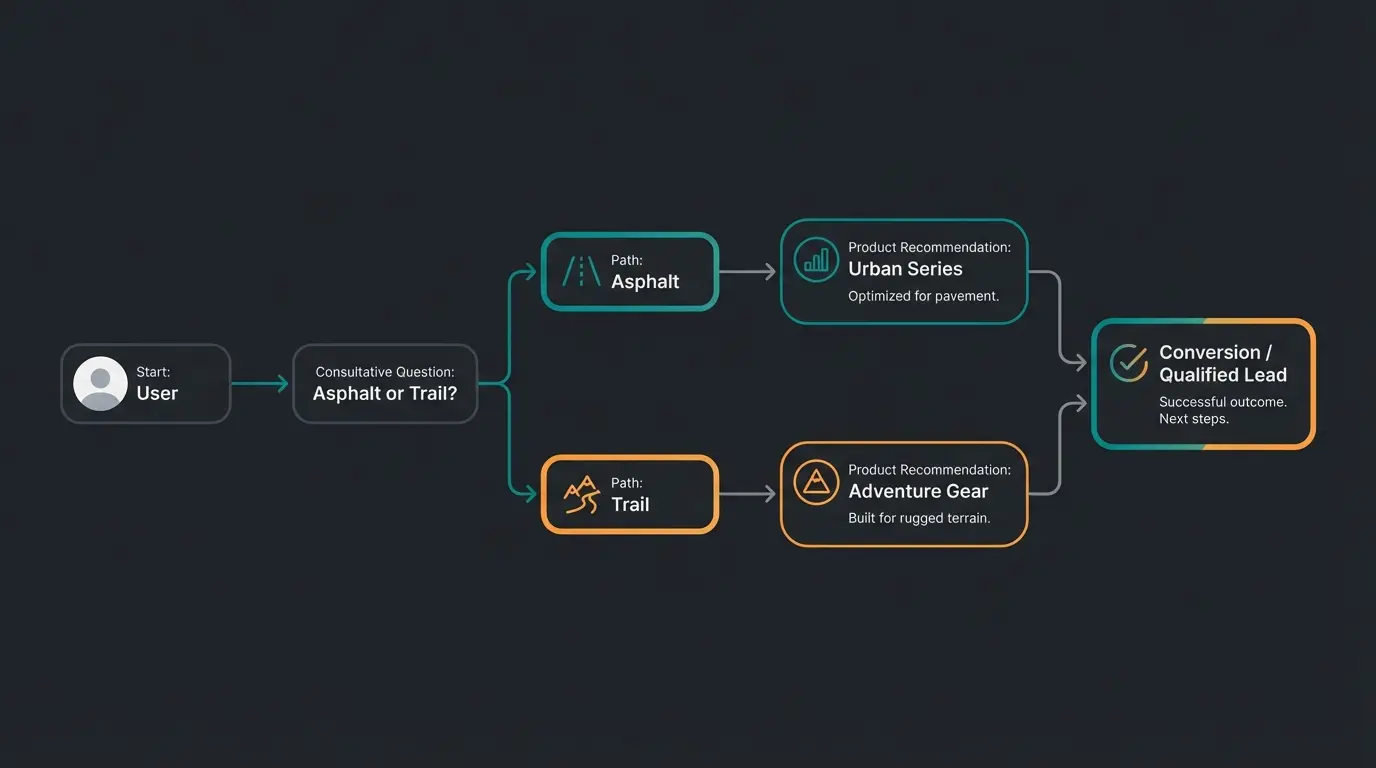 Beratungsdialog-Flowchart zeigt den Weg von der ersten Frage zur Produktempfehlung