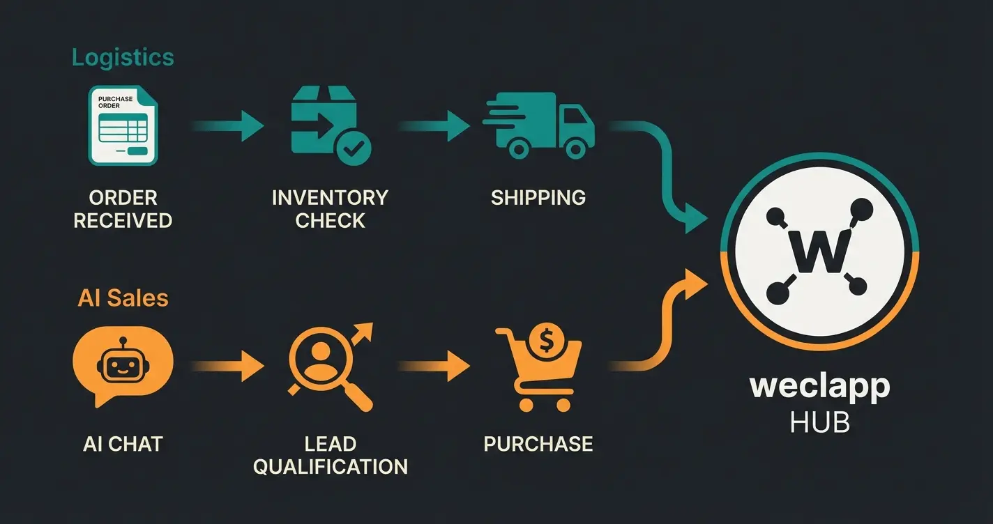 Automated Amazon order lifecycle showing logistics and AI sales paths