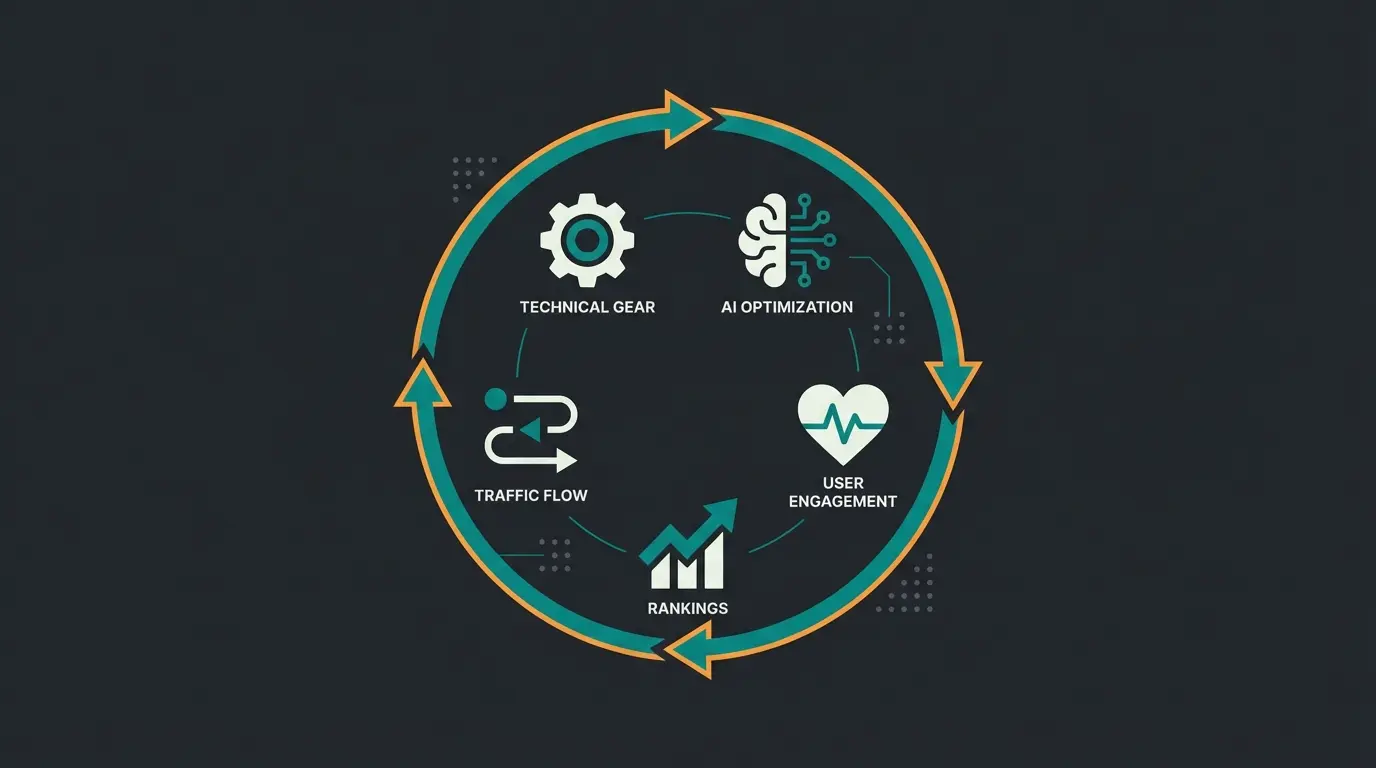 SEO success flywheel showing technical setup, AI consultation, and ranking improvements