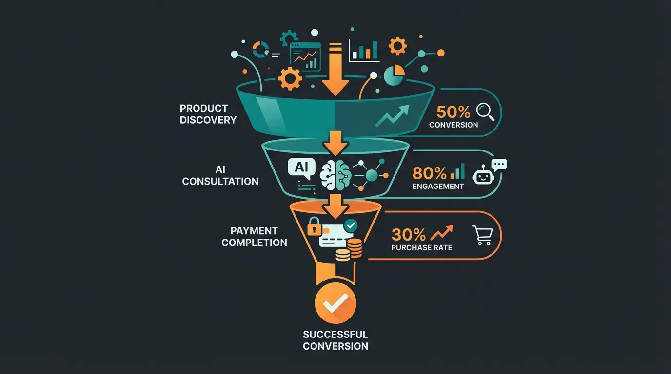 E-commerce conversion funnel showing AI consultation leading to successful Stripe payment completion