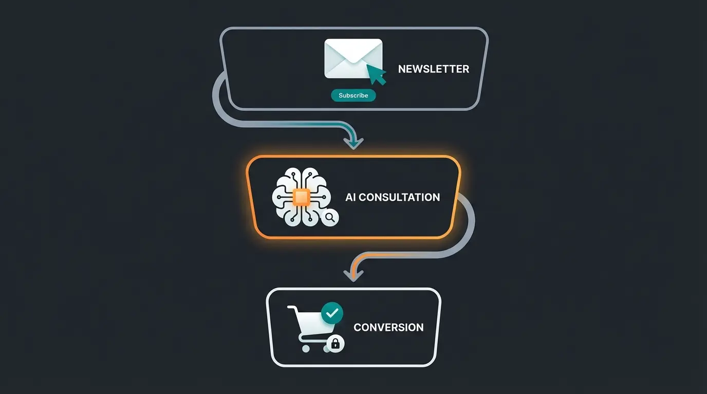 WhatsApp sales funnel showing newsletter to AI consultation to conversion stages