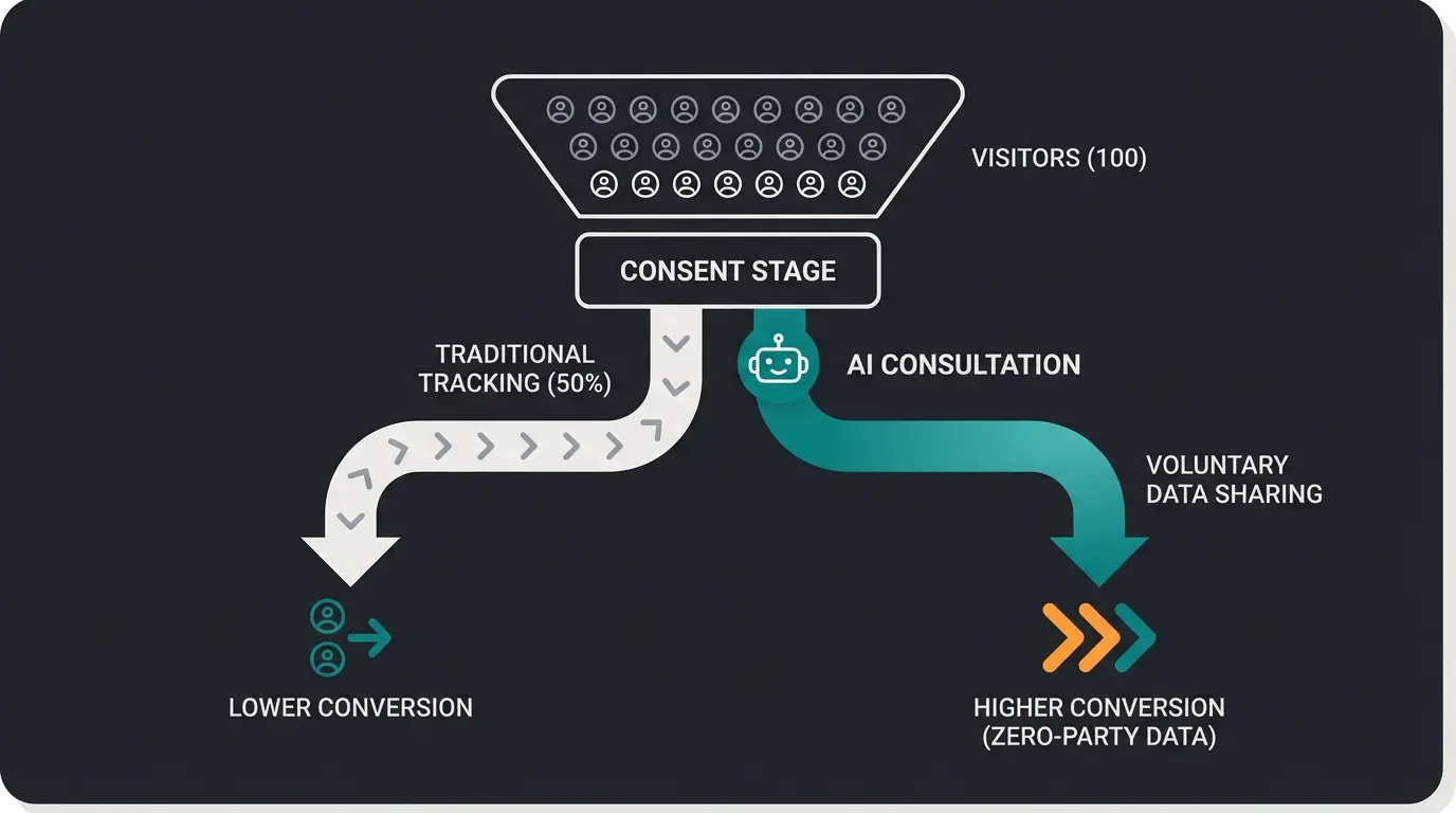 Cookie consent funnel infographic showing data flow from visitors through consent to analytics and AI tools