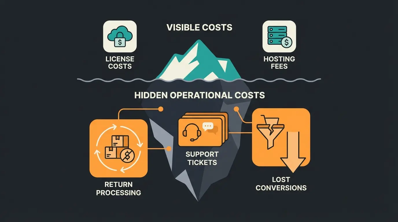 Iceberg visualization showing visible Shopware costs above water and hidden operational costs below the surface