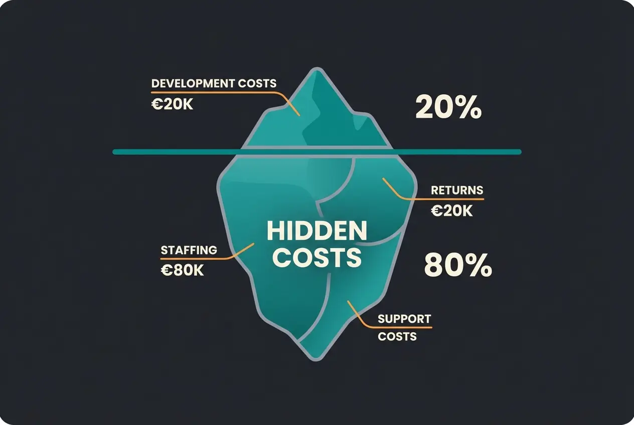 Eisberg-Modell der Total Cost of Ownership für Shopware Shops: Sichtbare Entwicklungskosten vs. versteckte Betriebskosten