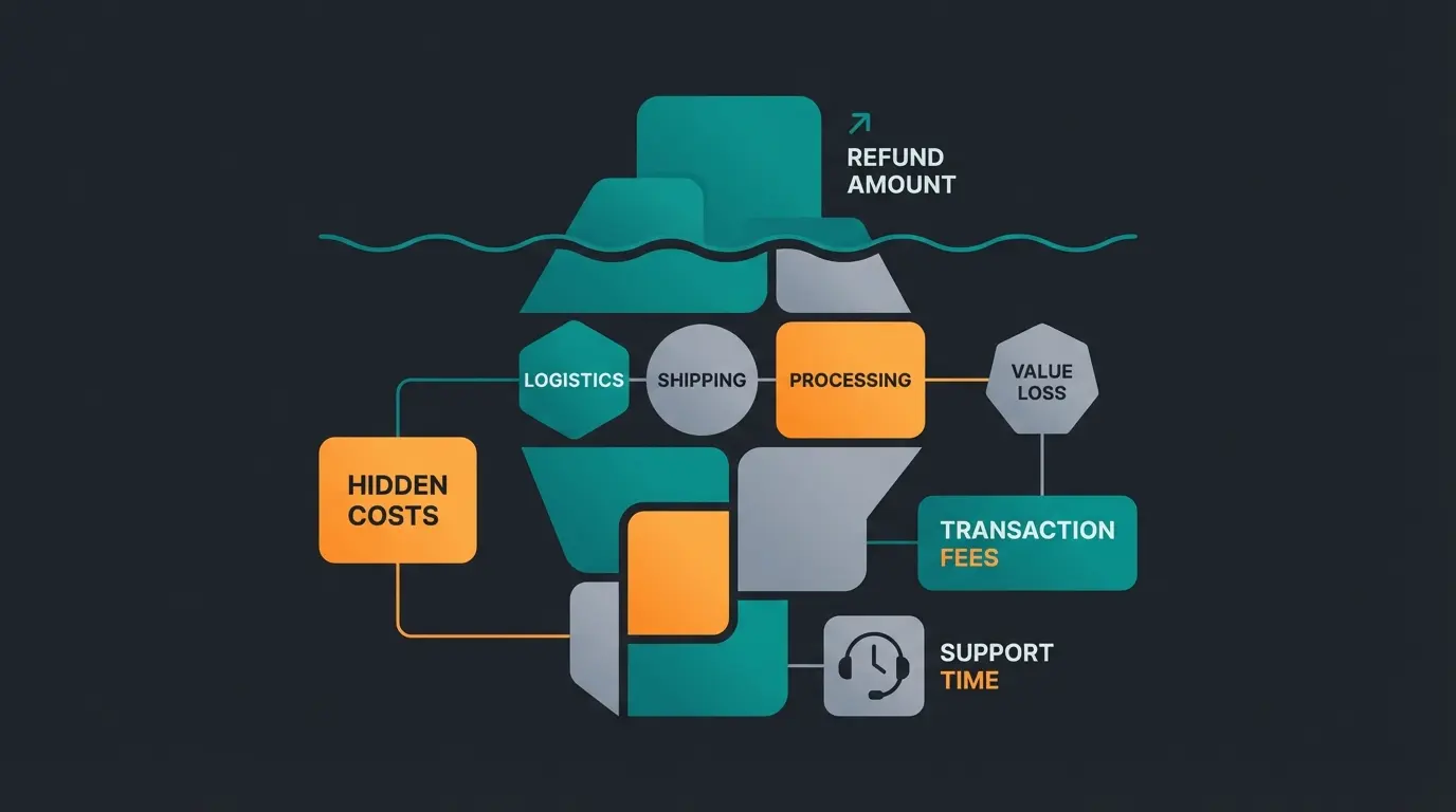 Iceberg visualization showing visible and hidden costs of Shopify returns and complaints