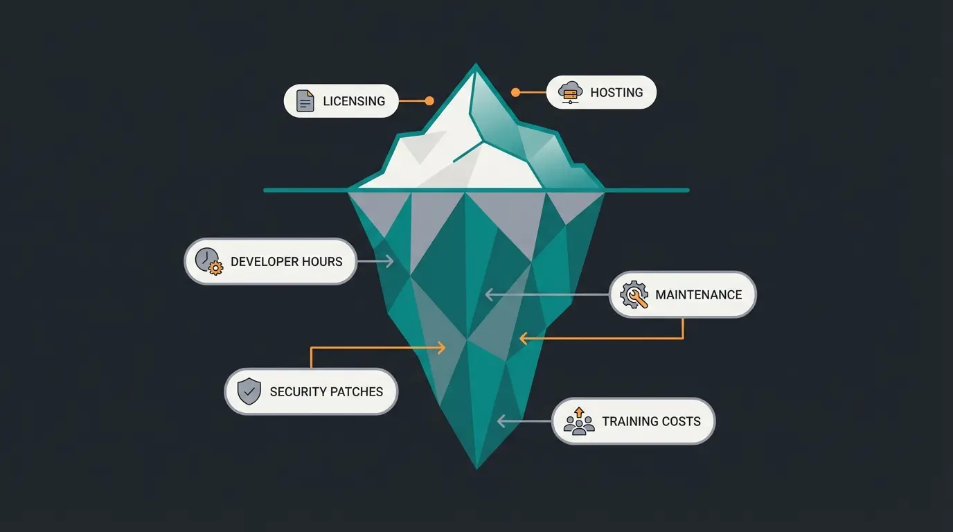 Cost iceberg infographic showing visible versus hidden e-commerce platform costs