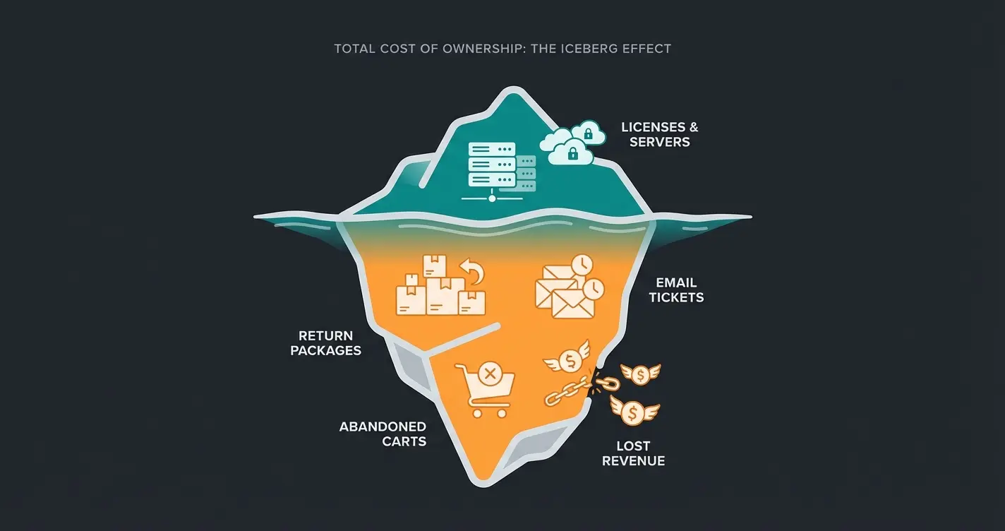 Iceberg diagram showing visible license and hosting costs above water with hidden operational costs below