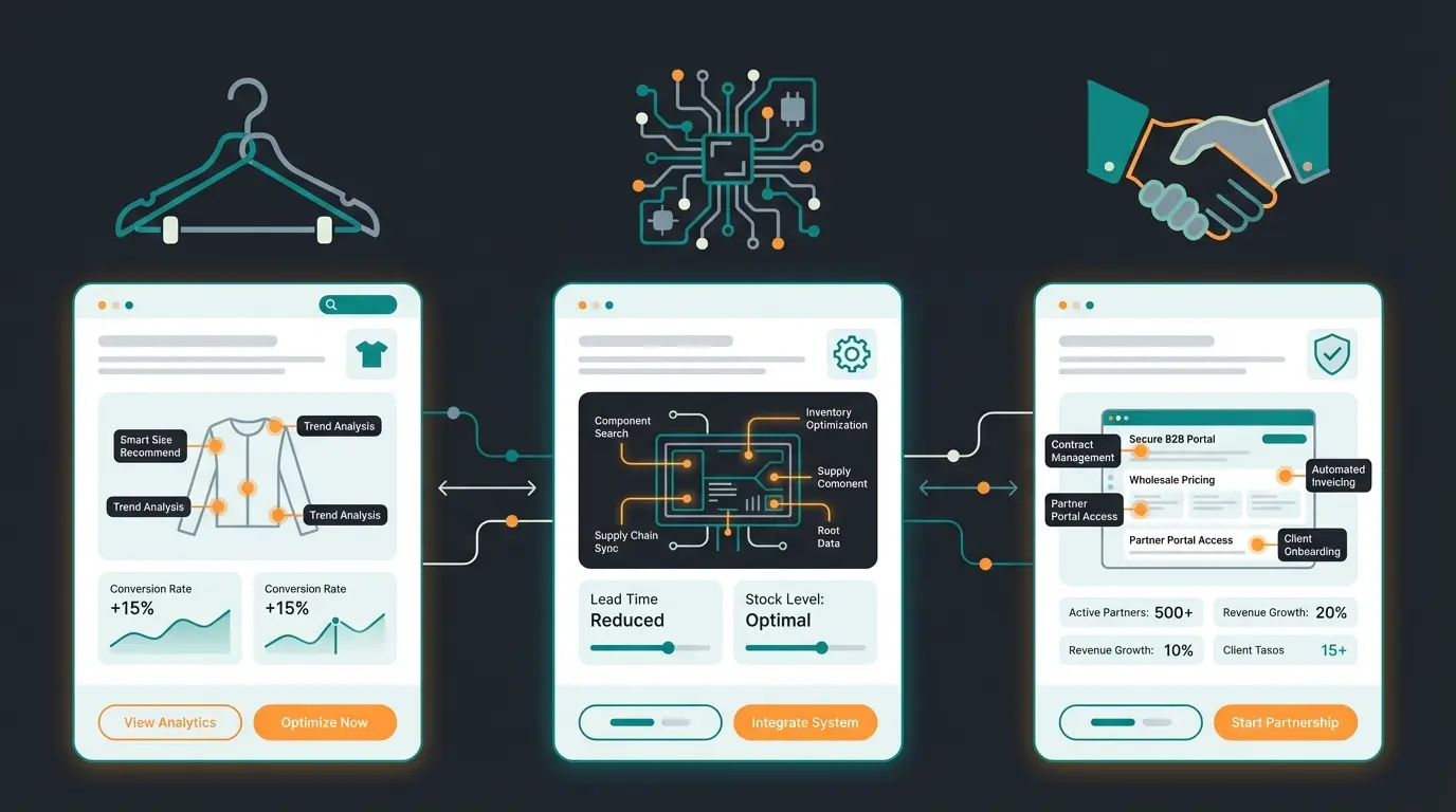 Industry-specific product page optimization showing fashion, tech, and B2B examples