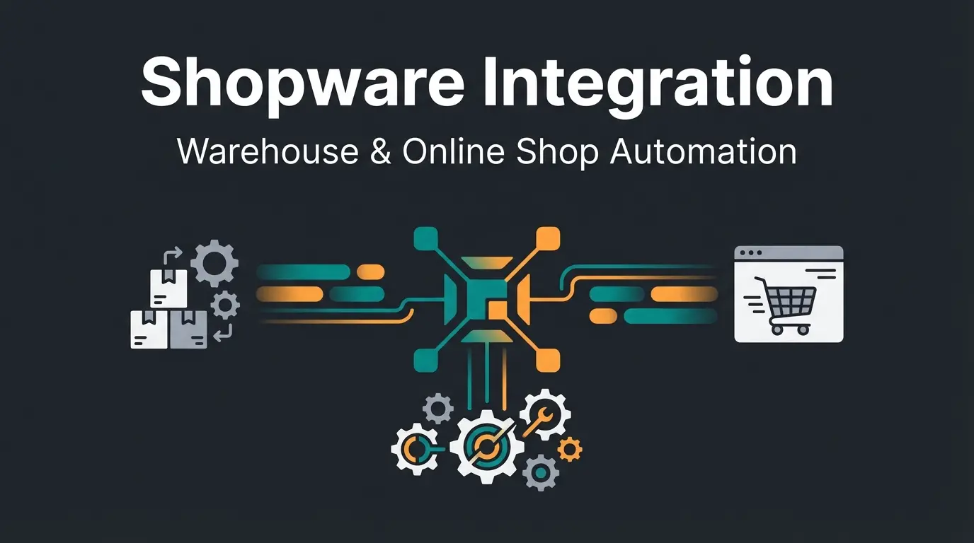 Shopware and JTL-Wawi integration visualization with data flow and AI elements