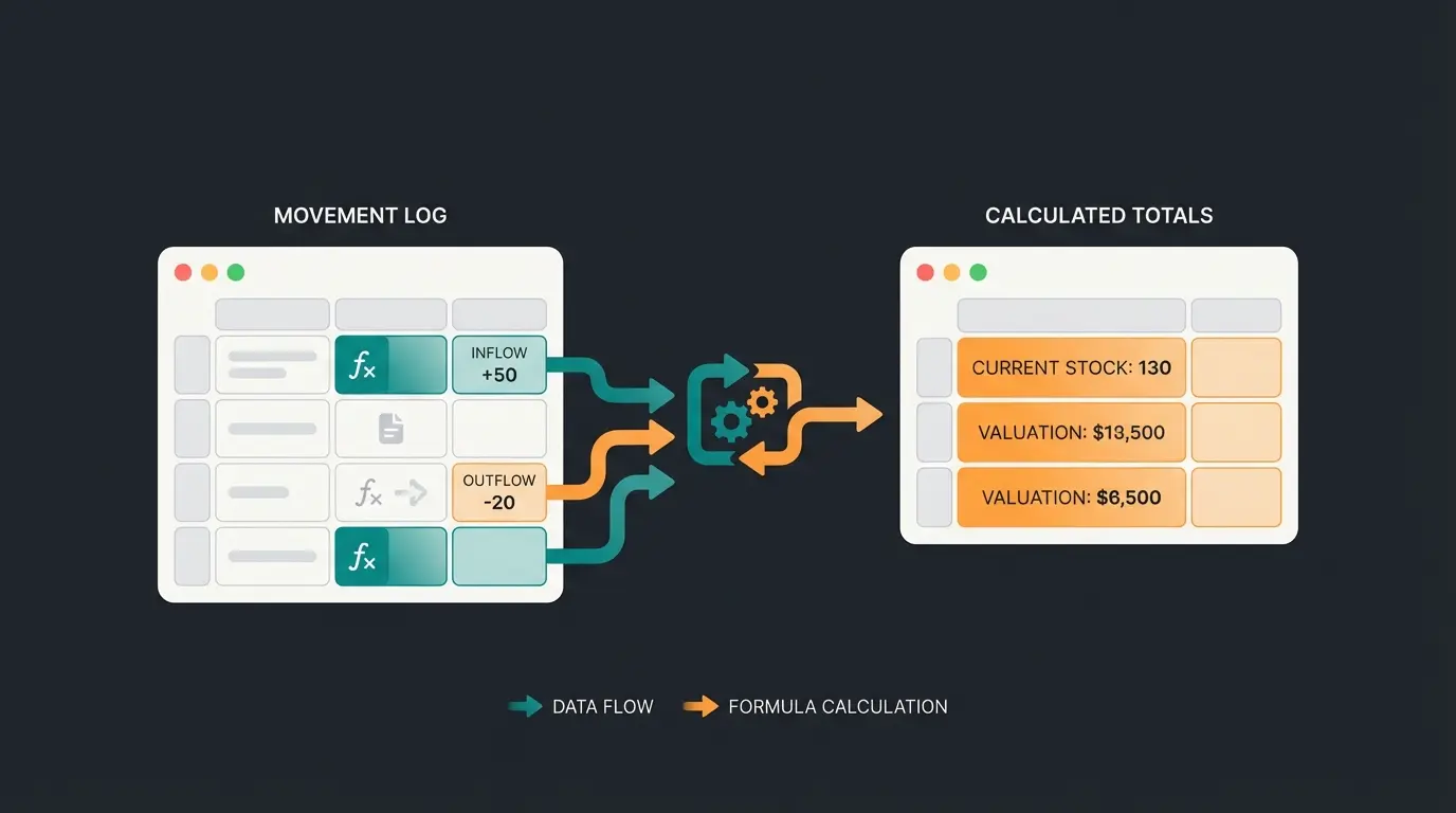 Excel inventory dashboard showing SUMIF formulas calculating current stock levels