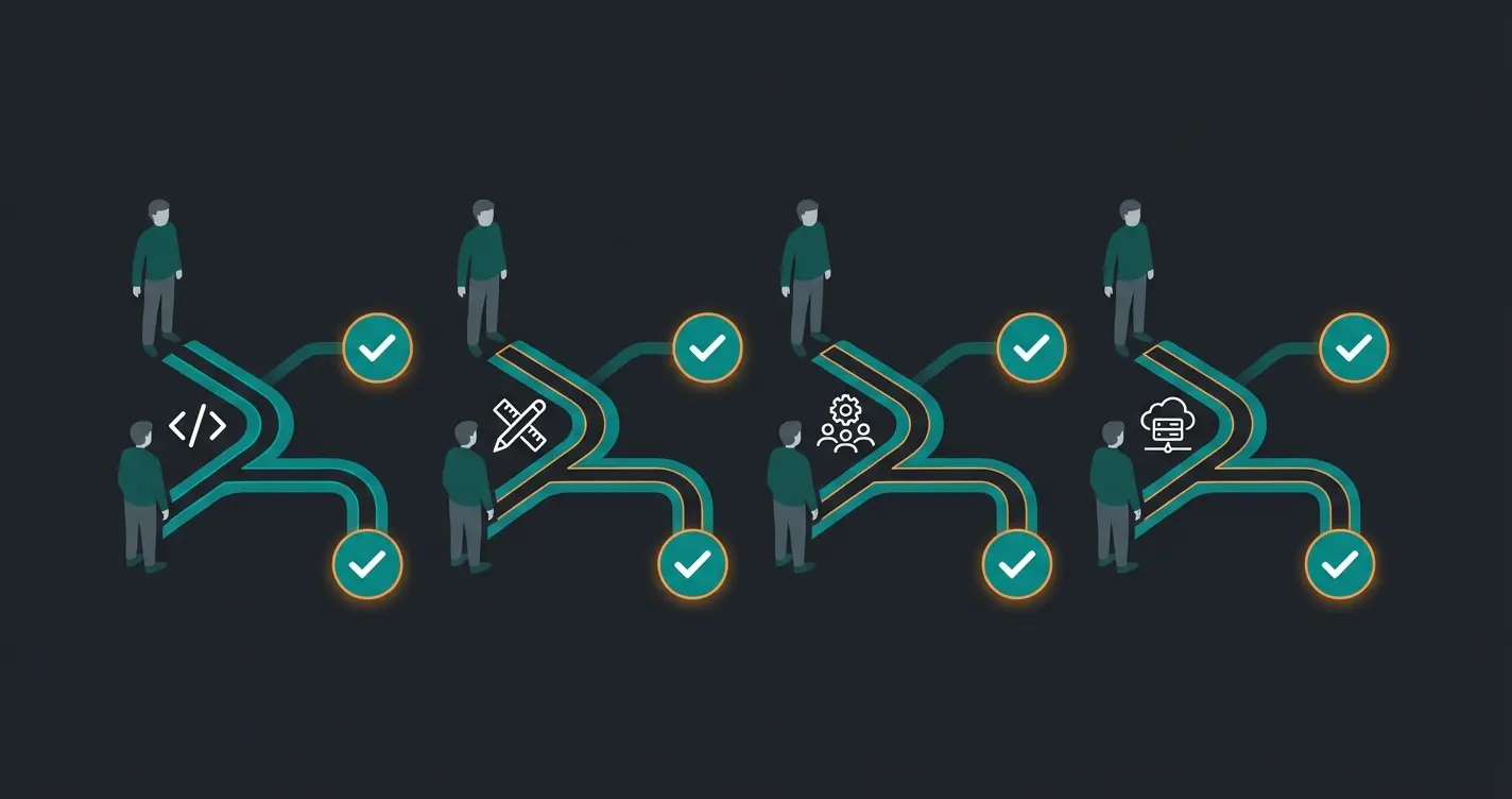 Illustration showing four different learning paths through Shopware Academy based on professional role