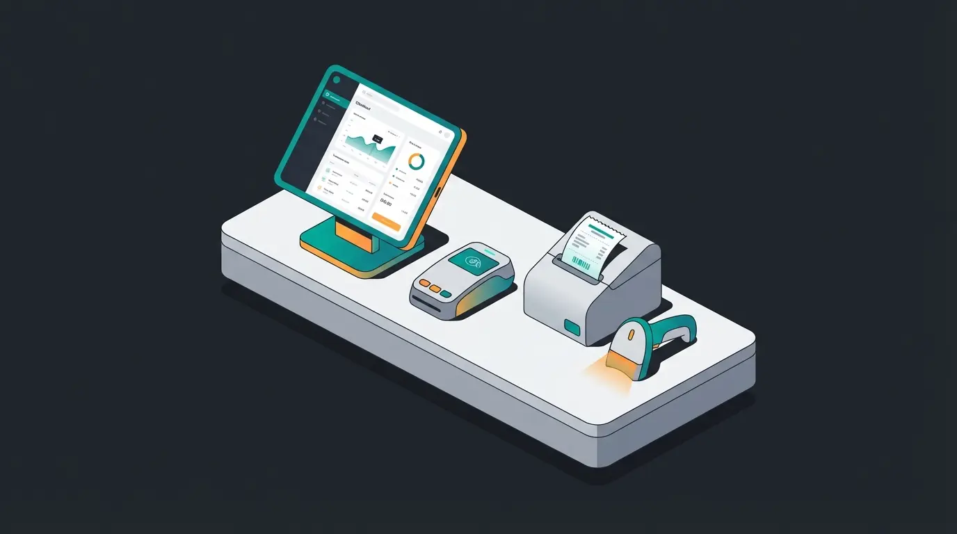 Professional Shopify POS hardware setup with iPad, card reader, and receipt printer