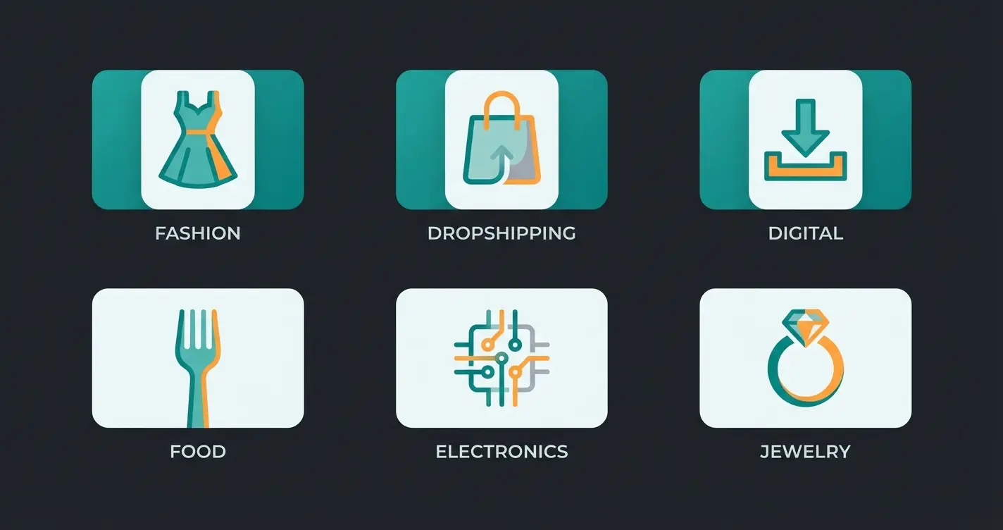 Shopify theme recommendations organized by niche categories including fashion, food, electronics, and jewelry