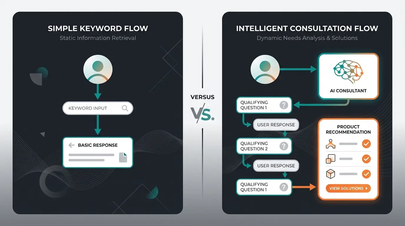 Comparison diagram showing FAQ bot versus AI sales consultant workflow