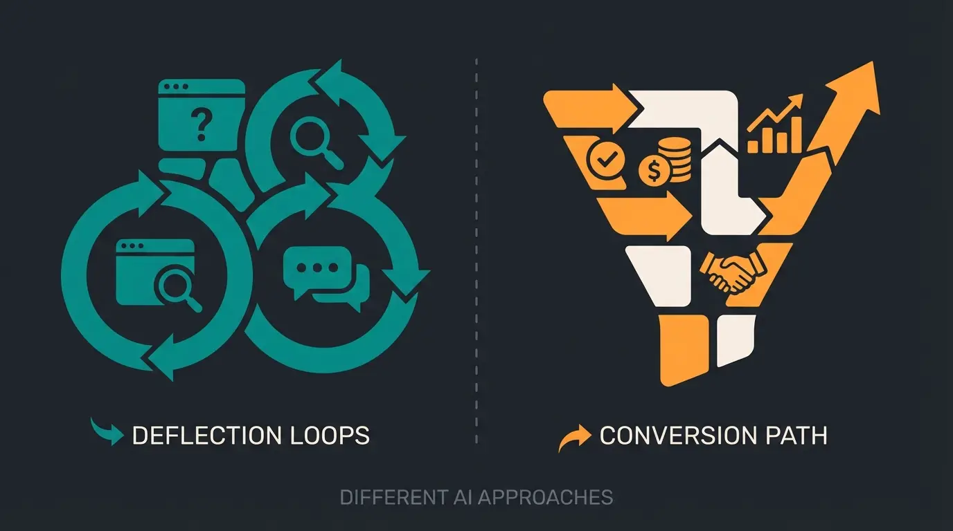 Visual comparison between support bot deflecting tickets versus consultative AI driving conversions