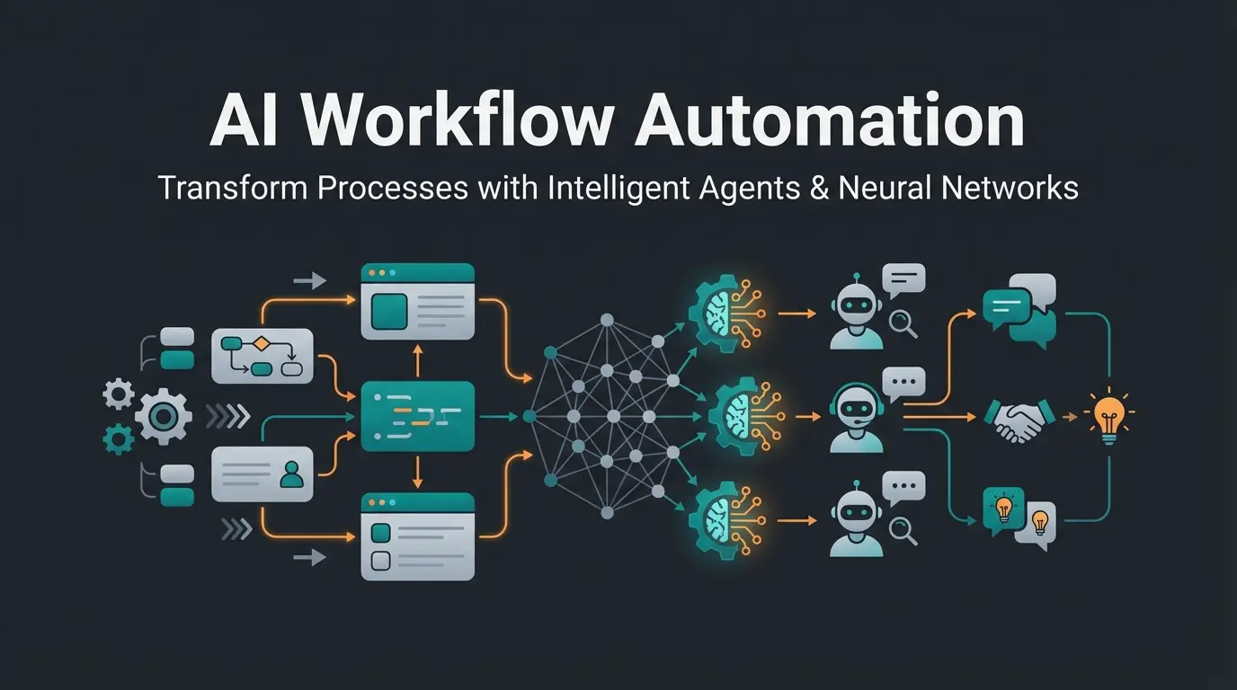 Abstract visualization of business process automation with AI agents and workflow connections