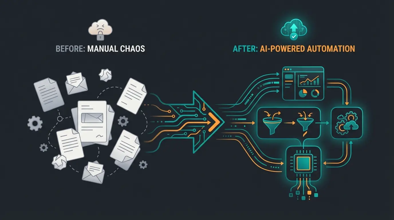 Modern order management transformation showing shift from manual chaos to AI-powered efficiency