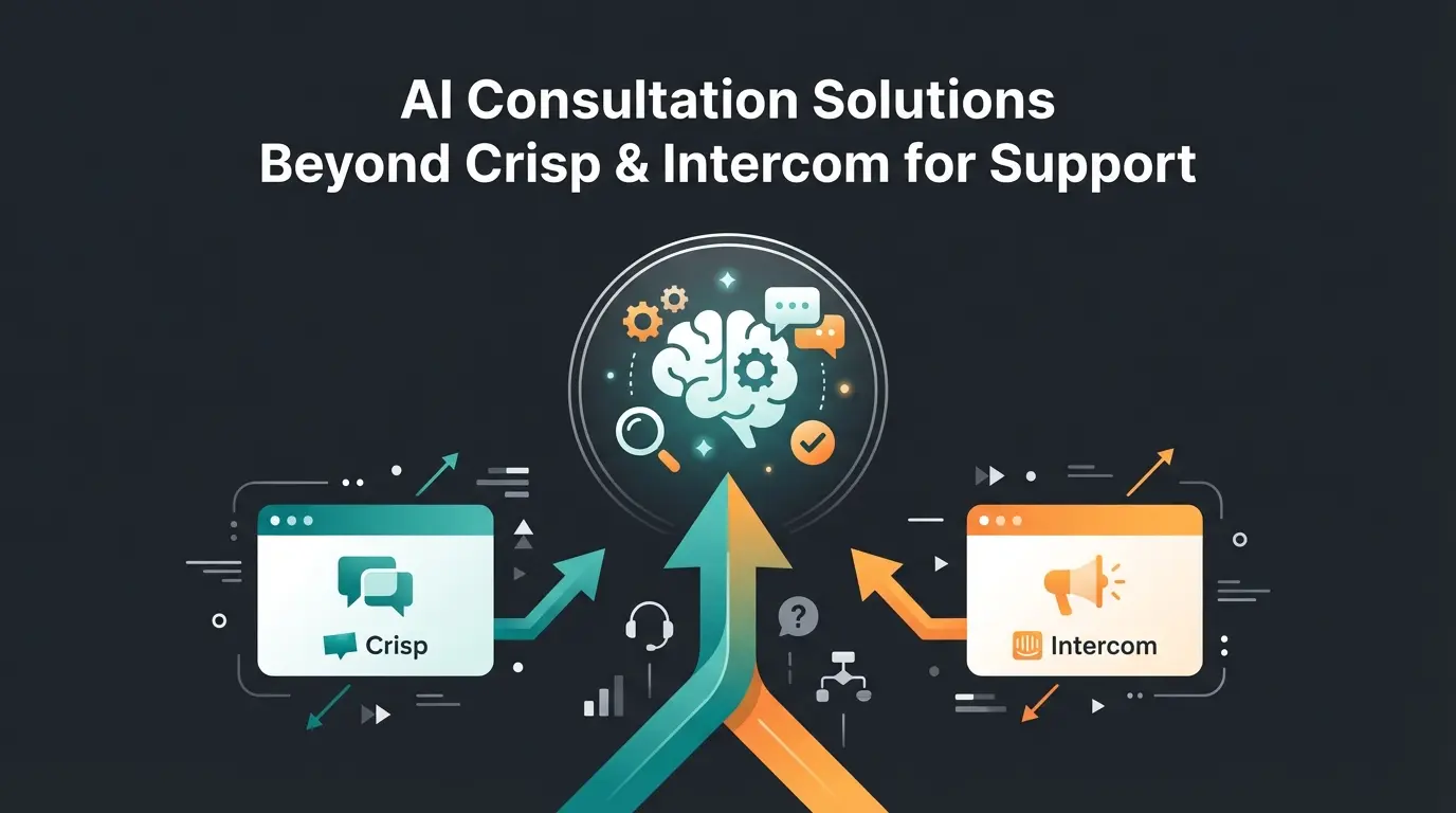 Comparison illustration showing Crisp and Intercom platforms with AI consultation alternative for business customer service