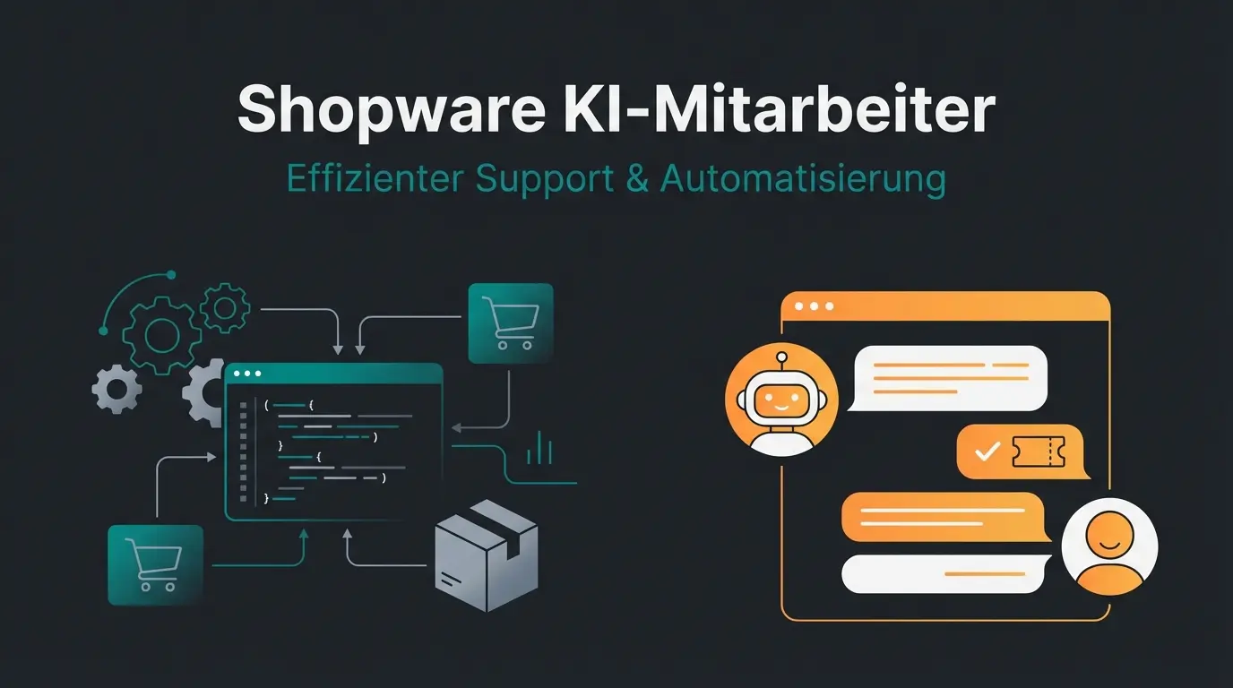 Shopware Hilfe Illustration mit technischem Support und KI-Produktberatung Elementen