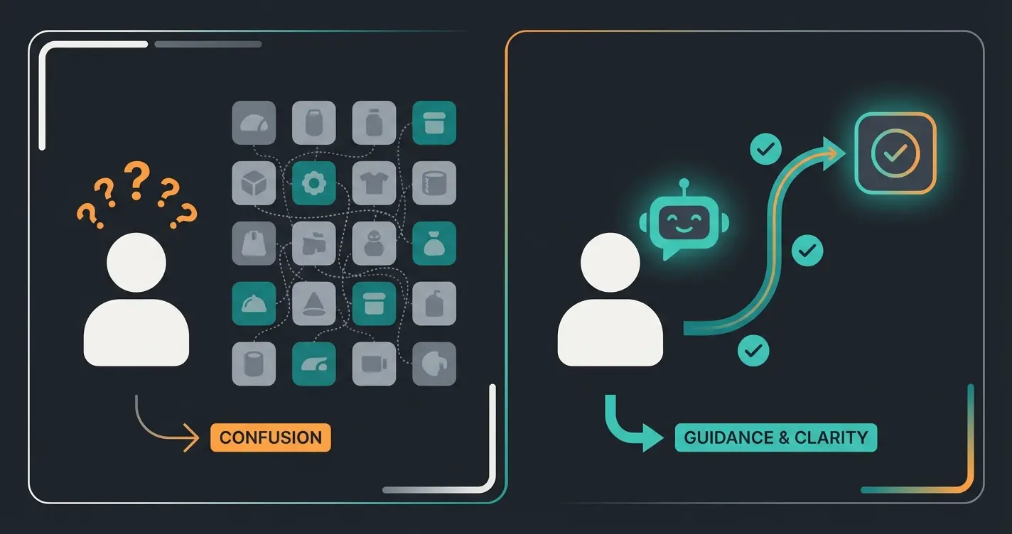 Visual comparison of confused customer facing product grid versus guided customer with AI assistant