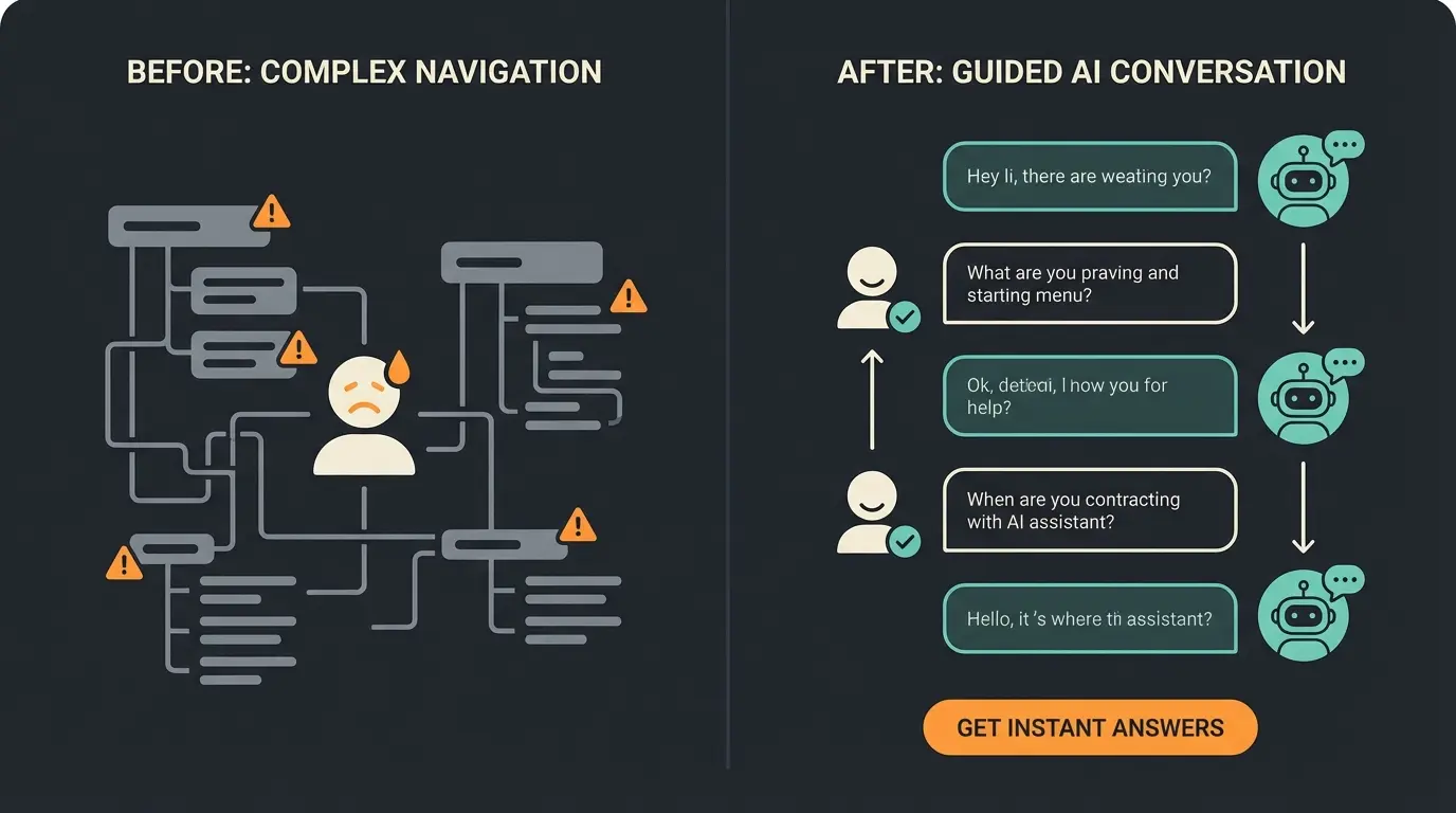 Vergleich zwischen frustrierender Button-Bot Erfahrung und flüssigem KI-Dialog