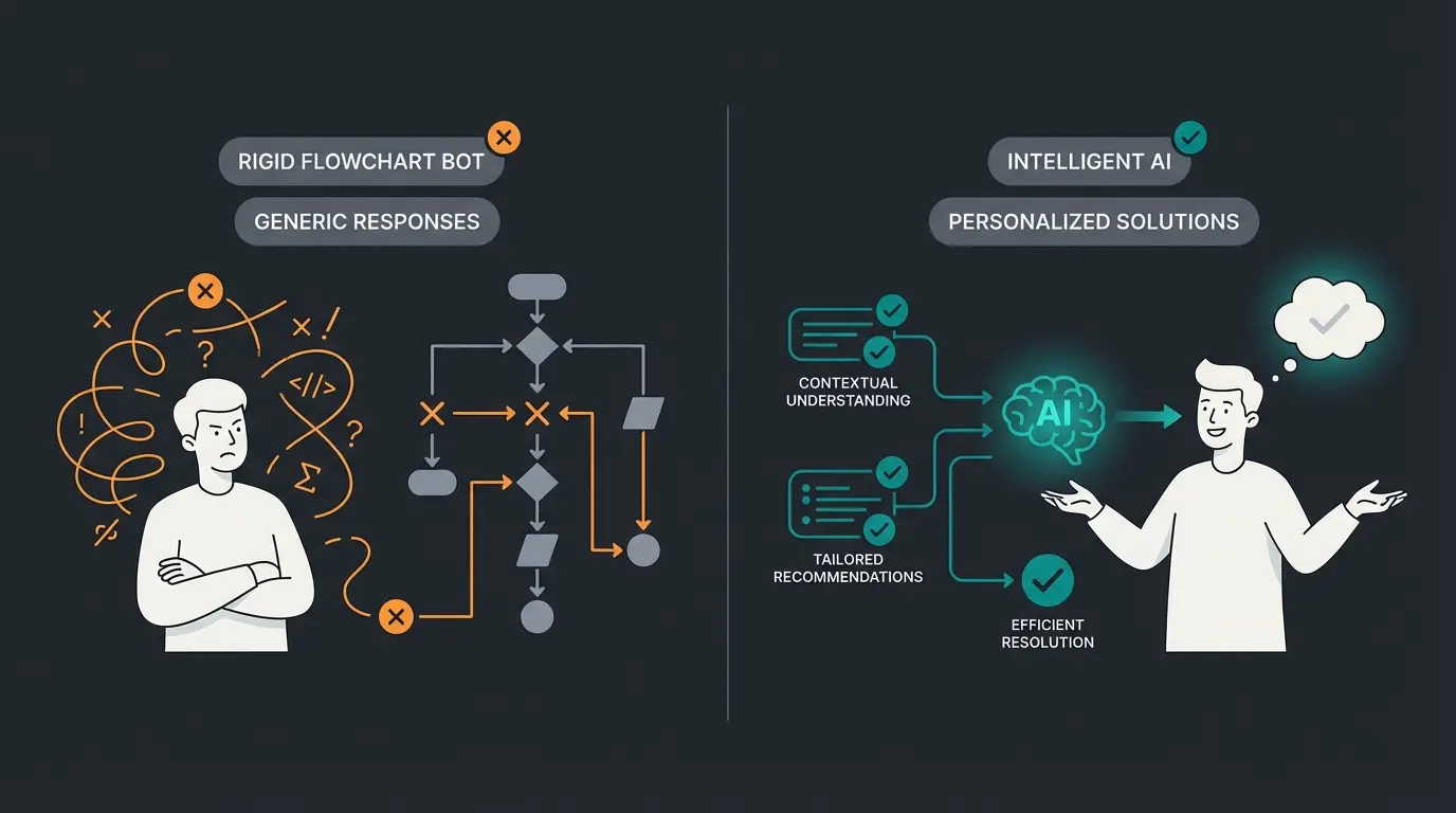 Comparison visualization showing rule-based chatbot limitations versus AI consultation capabilities