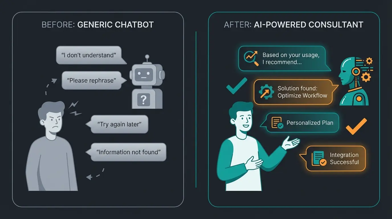 Side by side comparison of classic FAQ chatbot versus intelligent AI product consultant interaction flow