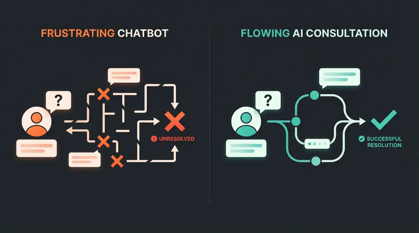 Comparison of traditional chatbot limitations versus AI-powered consultation capabilities