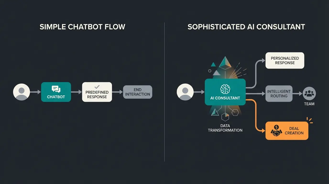 Comparison diagram showing standard chatbot versus AI Product Consultant capabilities in the Intercom HubSpot integration