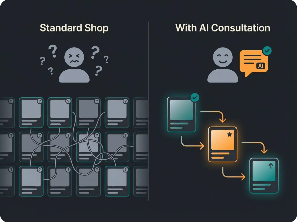 Vergleich zwischen Standard-Shop und Shop mit KI-Beratung für bessere Conversion