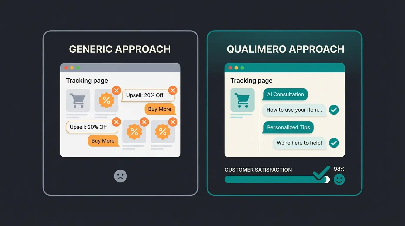 Comparison of traditional upselling versus AI-powered pre-education on tracking pages