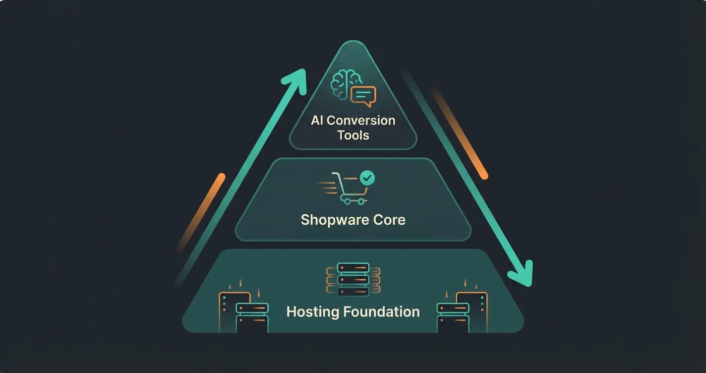 Performance-Pyramide für Shopware Hosting mit drei Schichten: Fundament, Core und Conversion-Tools